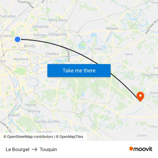 Le Bourget to Touquin map