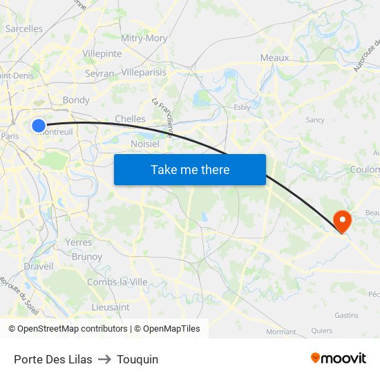 Porte Des Lilas to Touquin map