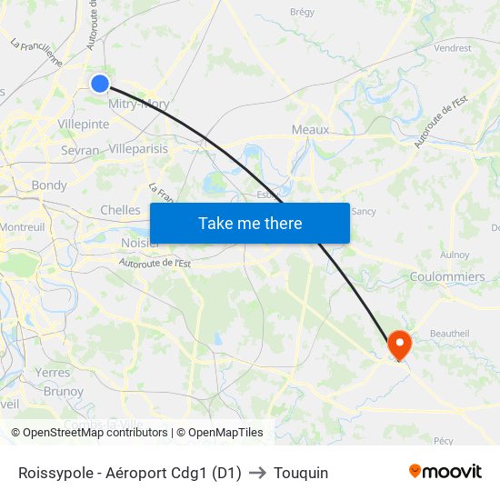 Roissypole - Aéroport Cdg1 (D1) to Touquin map