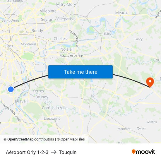 Aéroport Orly 1-2-3 to Touquin map