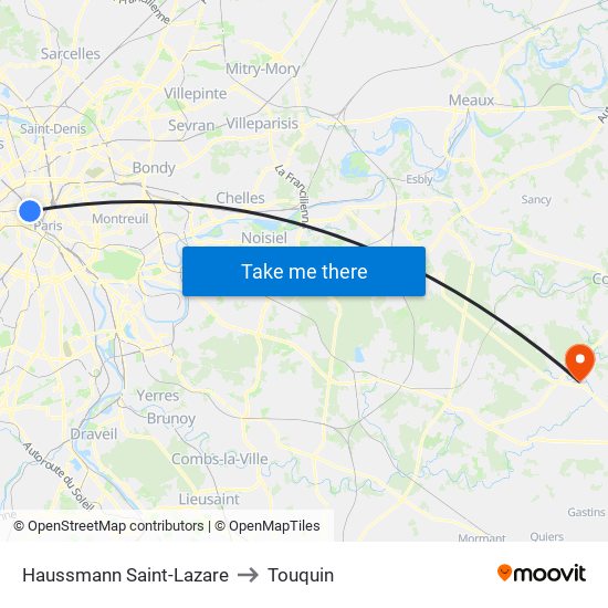 Haussmann Saint-Lazare to Touquin map