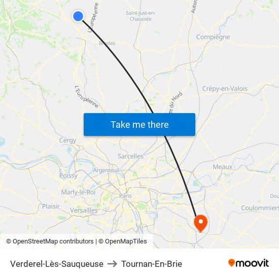 Verderel-Lès-Sauqueuse to Tournan-En-Brie map