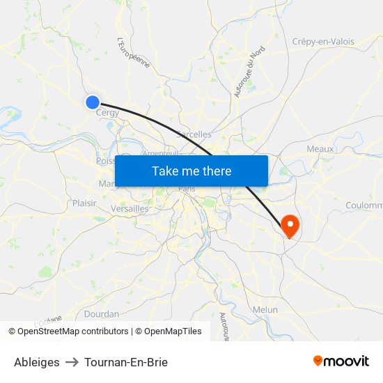 Ableiges to Tournan-En-Brie map