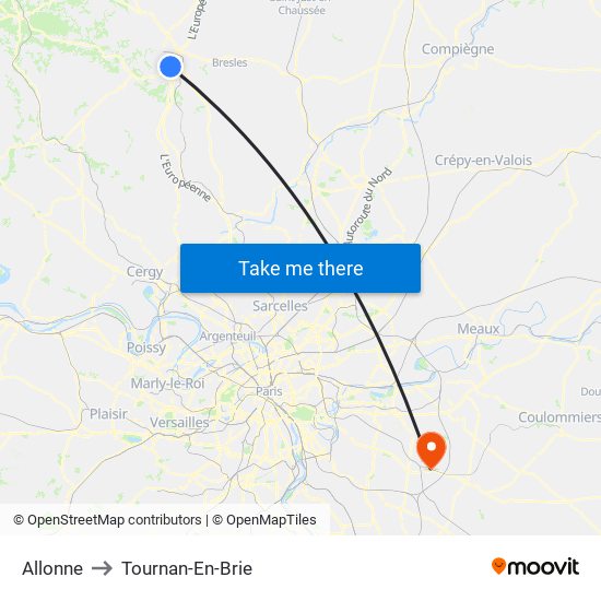 Allonne to Tournan-En-Brie map