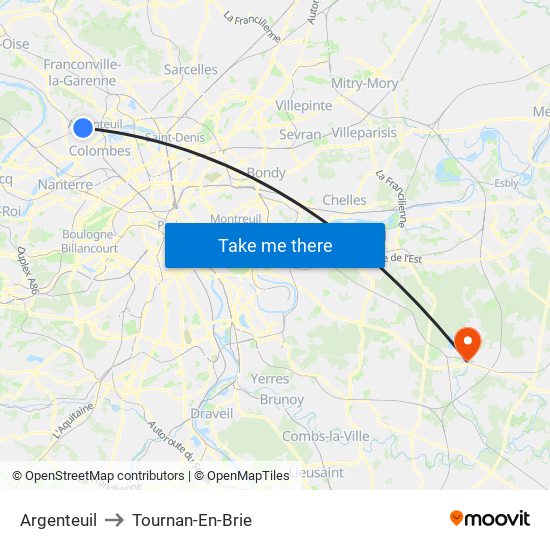 Argenteuil to Tournan-En-Brie map