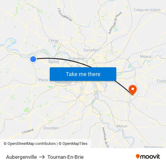 Aubergenville to Tournan-En-Brie map