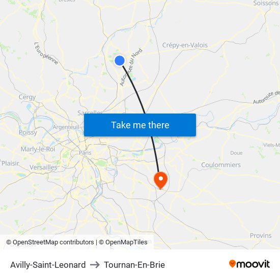 Avilly-Saint-Leonard to Tournan-En-Brie map