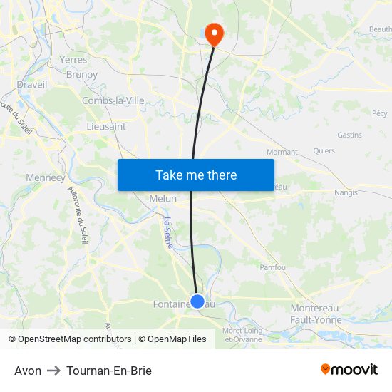 Avon to Tournan-En-Brie map