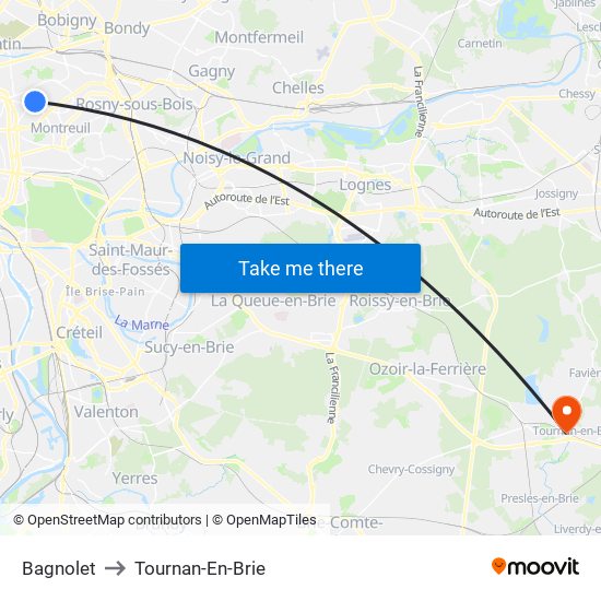 Bagnolet to Tournan-En-Brie map