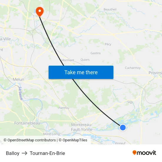 Balloy to Tournan-En-Brie map