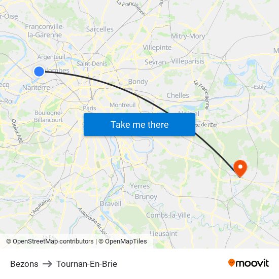 Bezons to Tournan-En-Brie map