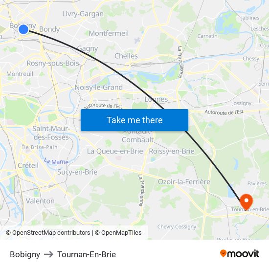 Bobigny to Tournan-En-Brie map