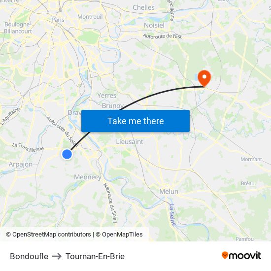 Bondoufle to Tournan-En-Brie map