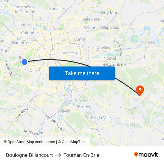 Boulogne-Billancourt to Tournan-En-Brie map