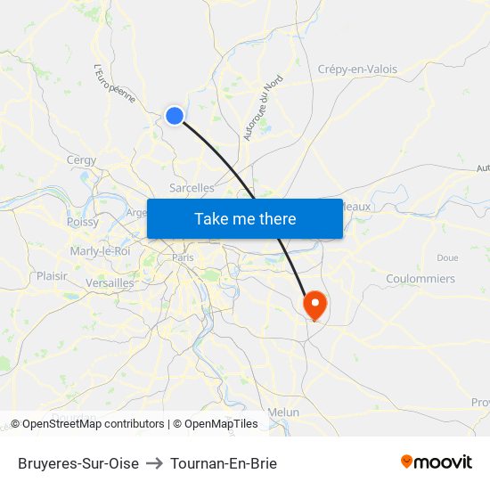 Bruyeres-Sur-Oise to Tournan-En-Brie map