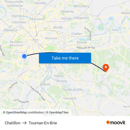 Chatillon to Tournan-En-Brie map