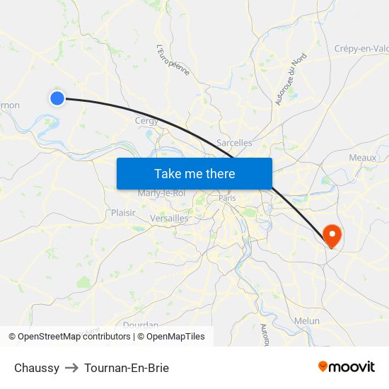Chaussy to Tournan-En-Brie map
