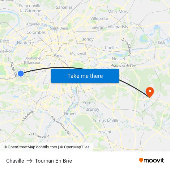 Chaville to Tournan-En-Brie map