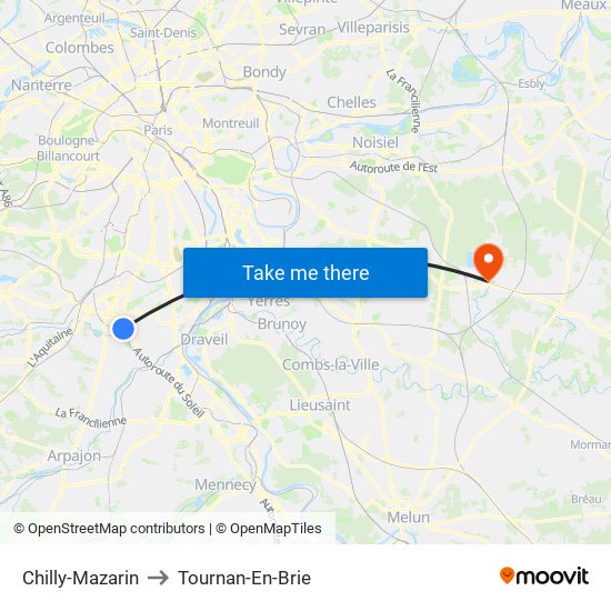 Chilly-Mazarin to Tournan-En-Brie map