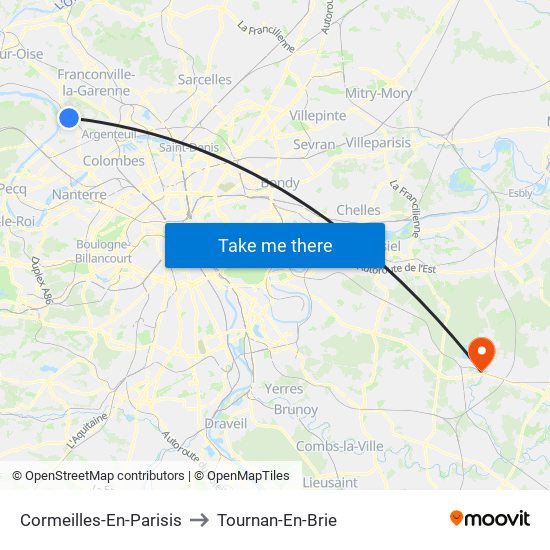 Cormeilles-En-Parisis to Tournan-En-Brie map