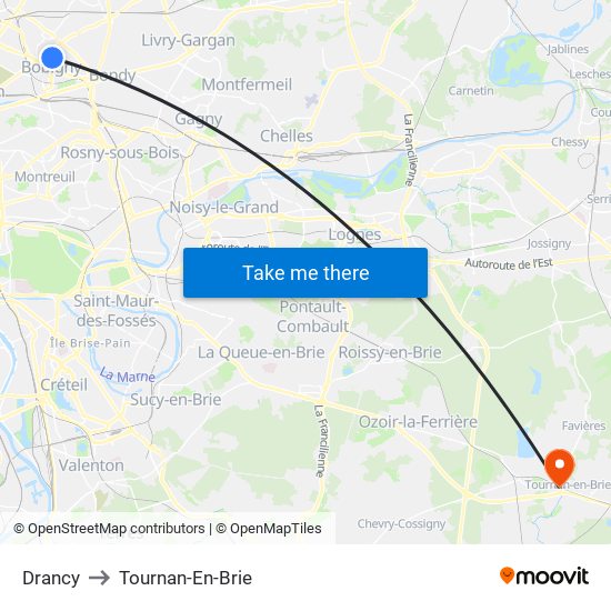 Drancy to Tournan-En-Brie map