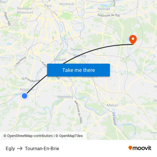 Egly to Tournan-En-Brie map