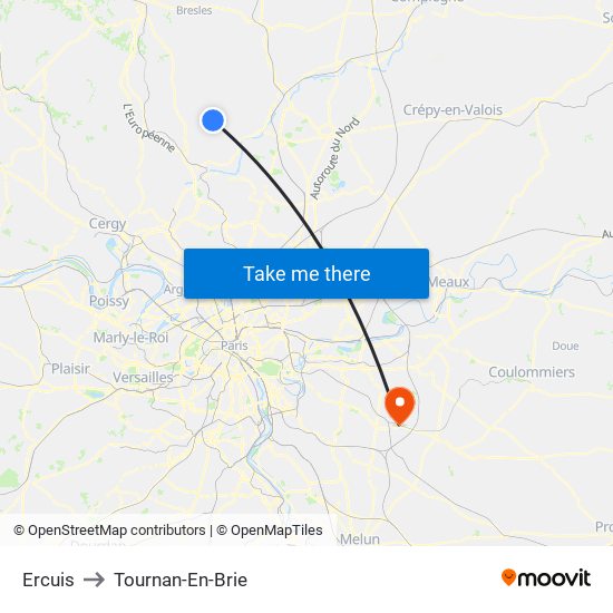 Ercuis to Tournan-En-Brie map