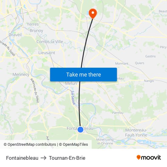 Fontainebleau to Tournan-En-Brie map