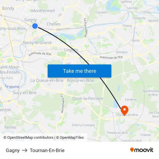 Gagny to Tournan-En-Brie map