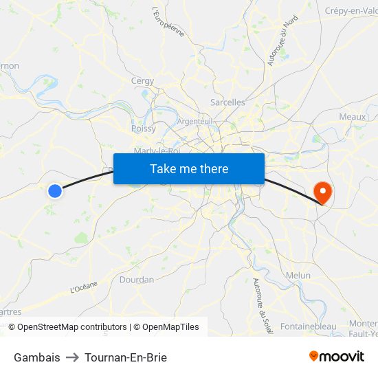 Gambais to Tournan-En-Brie map