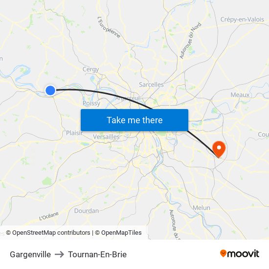 Gargenville to Tournan-En-Brie map