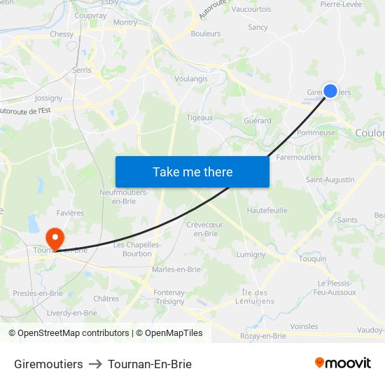 Giremoutiers to Tournan-En-Brie map