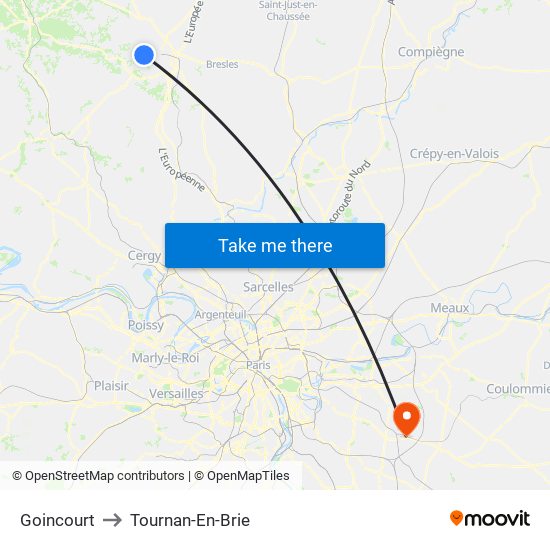 Goincourt to Tournan-En-Brie map