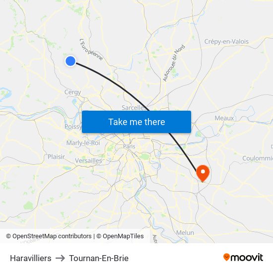 Haravilliers to Tournan-En-Brie map