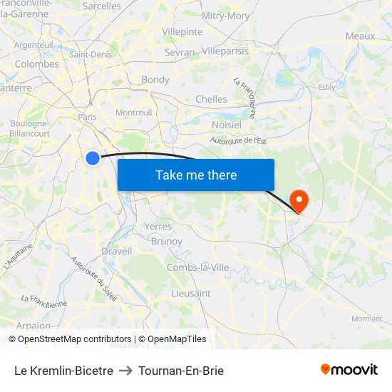 Le Kremlin-Bicetre to Tournan-En-Brie map
