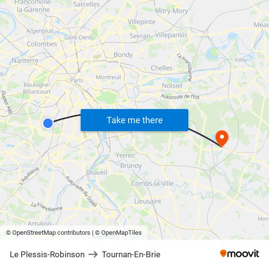 Le Plessis-Robinson to Tournan-En-Brie map