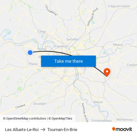 Les Alluets-Le-Roi to Tournan-En-Brie map