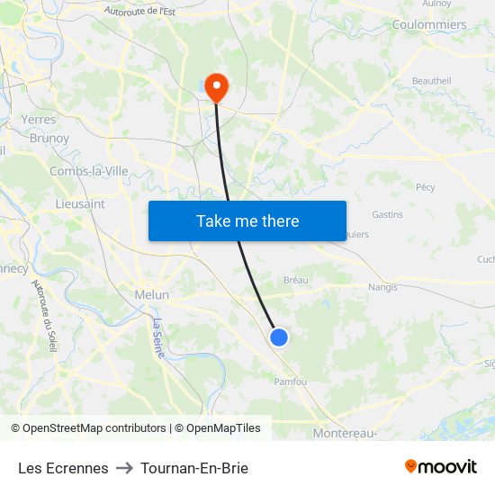 Les Ecrennes to Tournan-En-Brie map