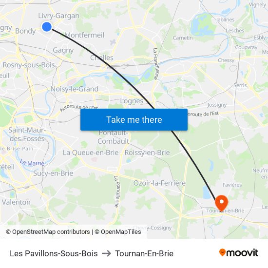 Les Pavillons-Sous-Bois to Tournan-En-Brie map