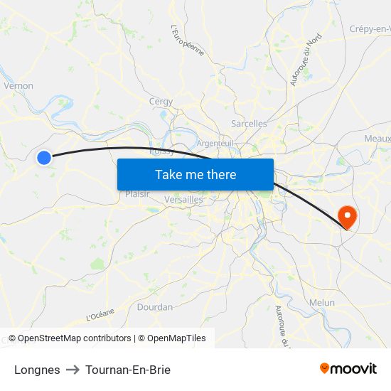 Longnes to Tournan-En-Brie map