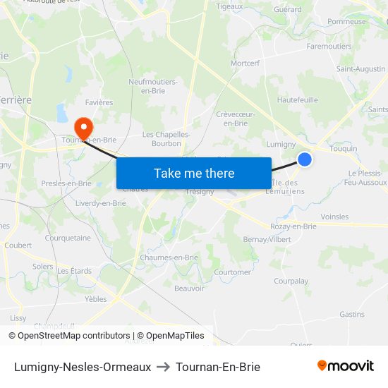 Lumigny-Nesles-Ormeaux to Tournan-En-Brie map