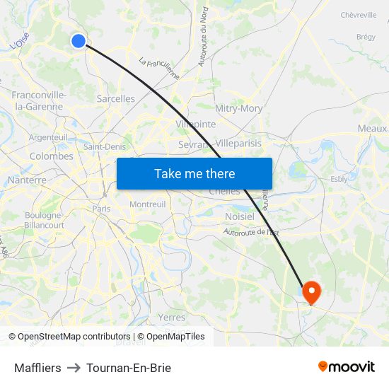 Maffliers to Tournan-En-Brie map
