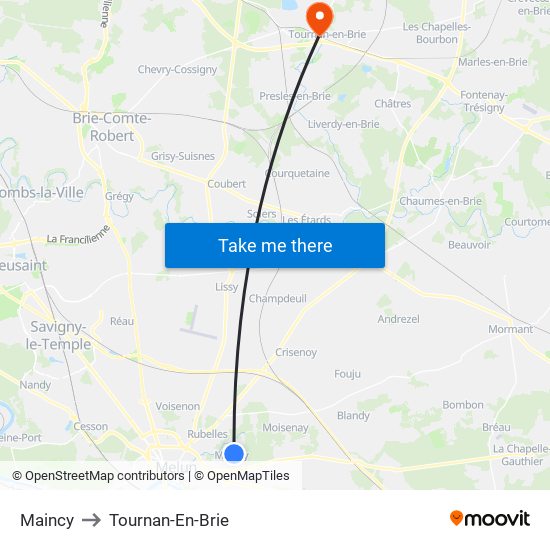 Maincy to Tournan-En-Brie map