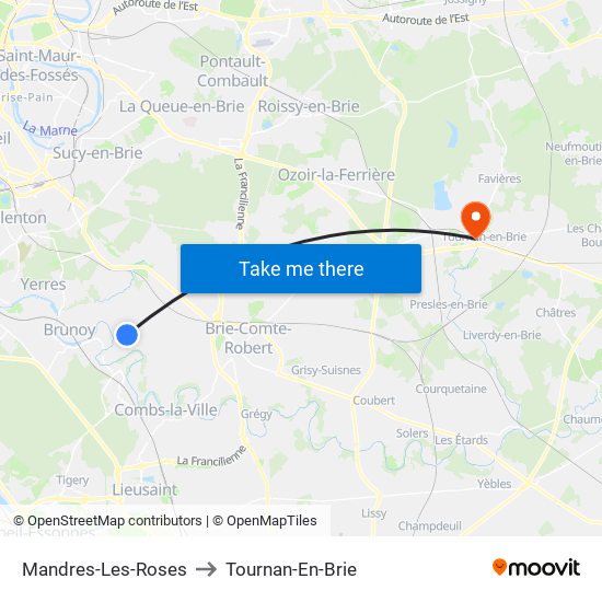 Mandres-Les-Roses to Tournan-En-Brie map