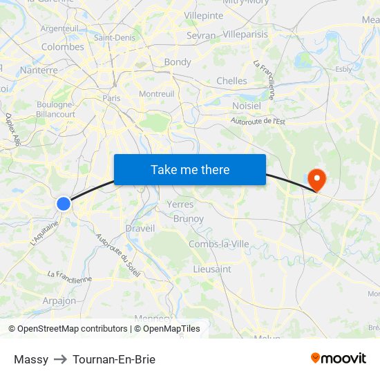 Massy to Tournan-En-Brie map
