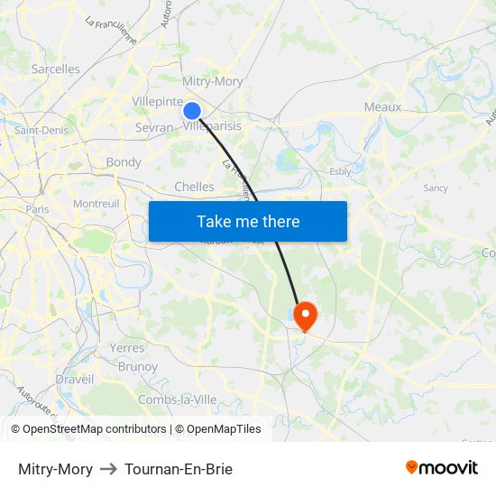 Mitry-Mory to Tournan-En-Brie map