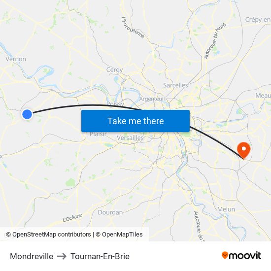 Mondreville to Tournan-En-Brie map