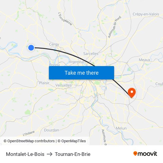 Montalet-Le-Bois to Tournan-En-Brie map