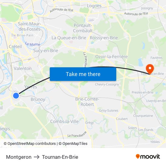 Montgeron to Tournan-En-Brie map