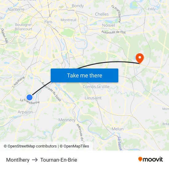 Montlhery to Tournan-En-Brie map